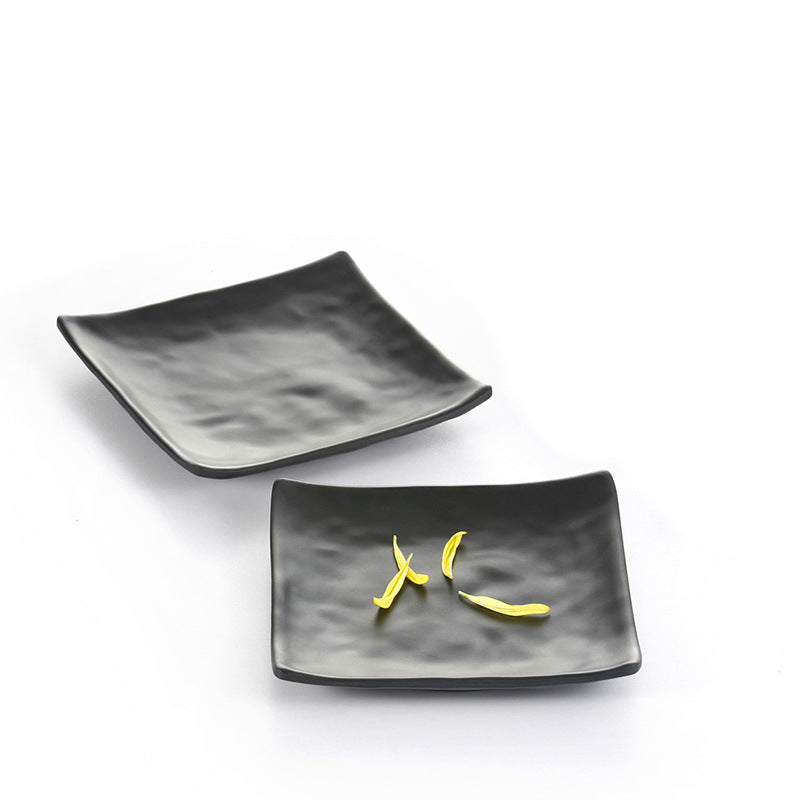 Trendy Matt Black Square Melamine Plates – Complete Dinnerware Set with Serving Tray & Cutlery