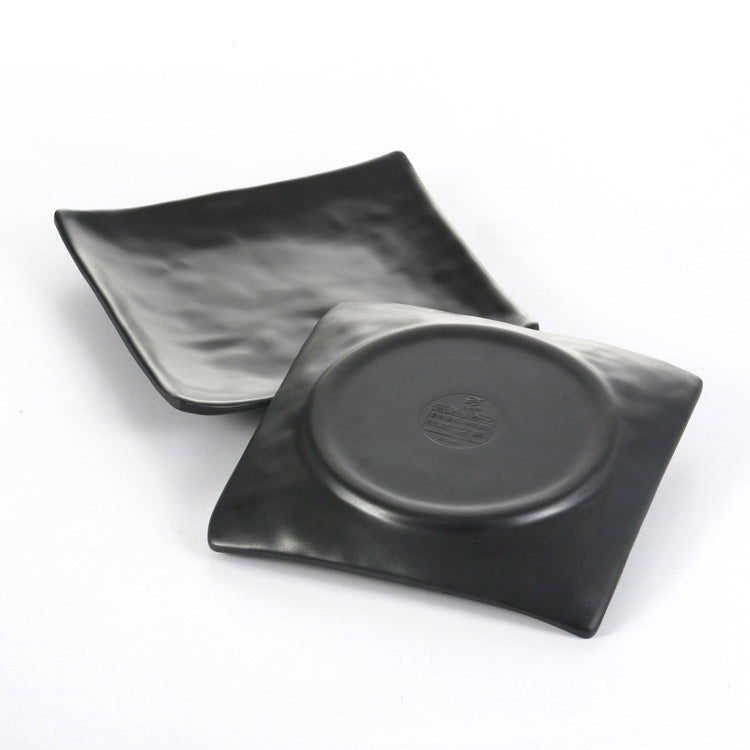 Trendy Matt Black Square Melamine Plates – Complete Dinnerware Set with Serving Tray & Cutlery