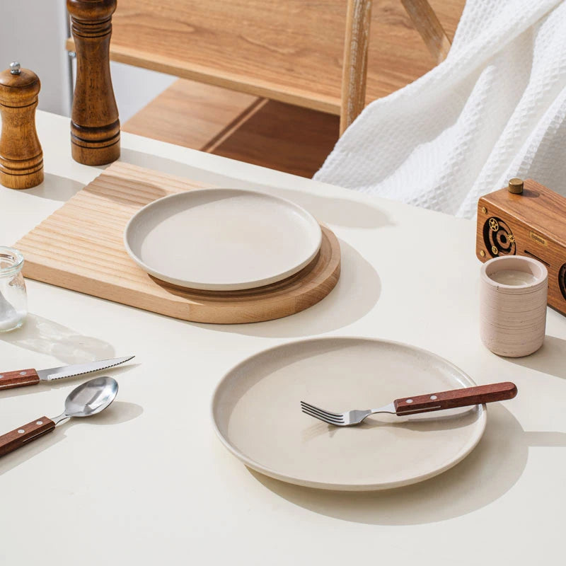 Nordic Cream Matte Ceramic Dinnerware Set – Minimalist Round Plates, Bowls & Mugs for Home