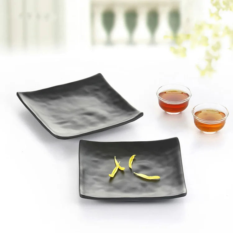 Trendy Matt Black Square Melamine Plates – Complete Dinnerware Set with Serving Tray & Cutlery