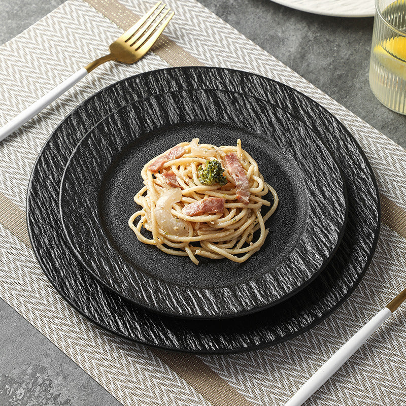 Textured Stone Ceramic Dinner Plates – Black & White Round Wavy Rim Dinnerware for Restaurant & Home