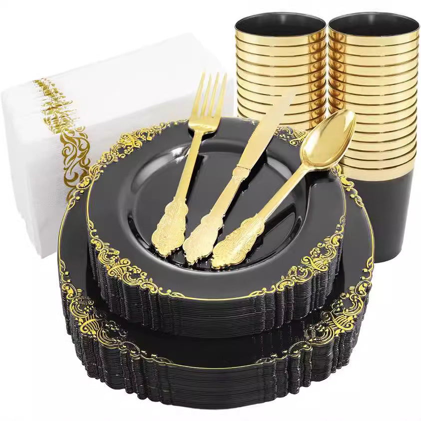 Luxury rose gold disposable placemats, plastic plates, disposable cutlery and napkins, party and wedding cutlery set