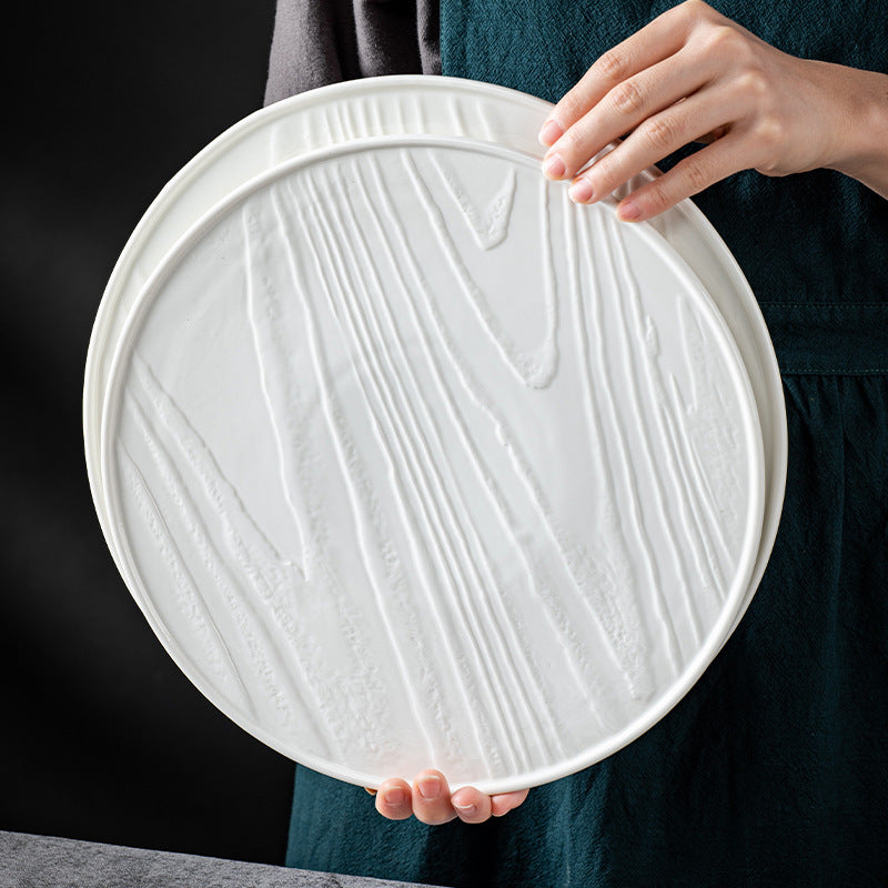 Round textured wavy ceramic dinner plate, black and white round wavy edge cutlery set for pizza/pasta/steak