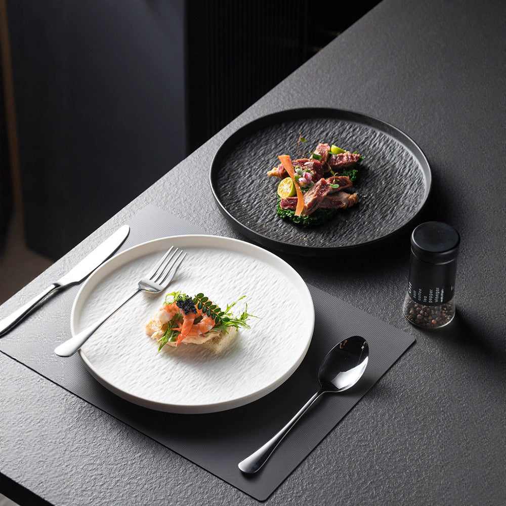 Textured Stone Ceramic Dinner Plates  Black & White Round Wavy Rim Dinnerware for Restaurant & Home