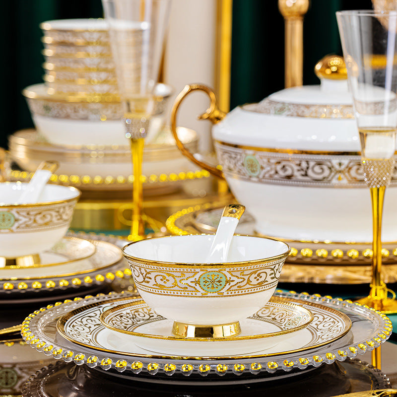 New luxury bone china tableware set – elegant European style, suitable for weddings and banquets.