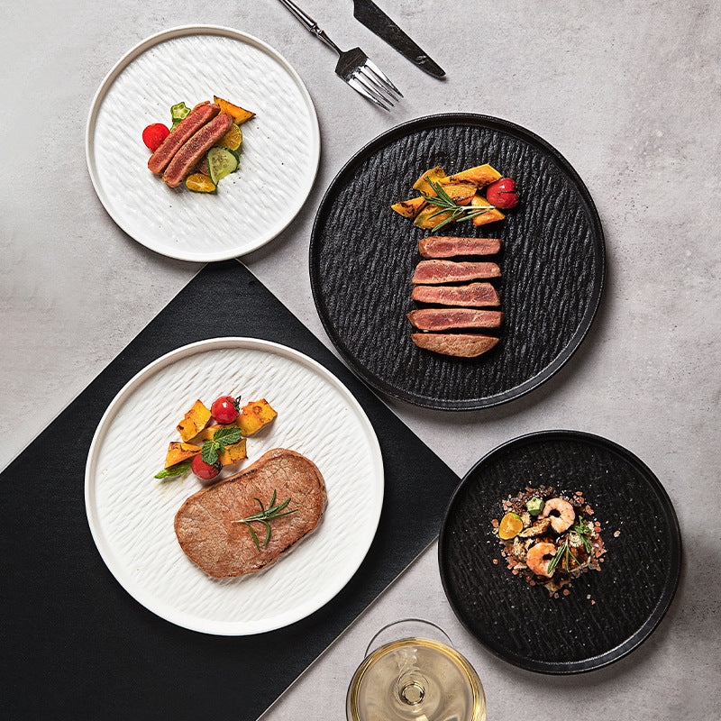 Textured Stone Ceramic Dinner Plates  Black & White Round Wavy Rim Dinnerware for Restaurant & Home