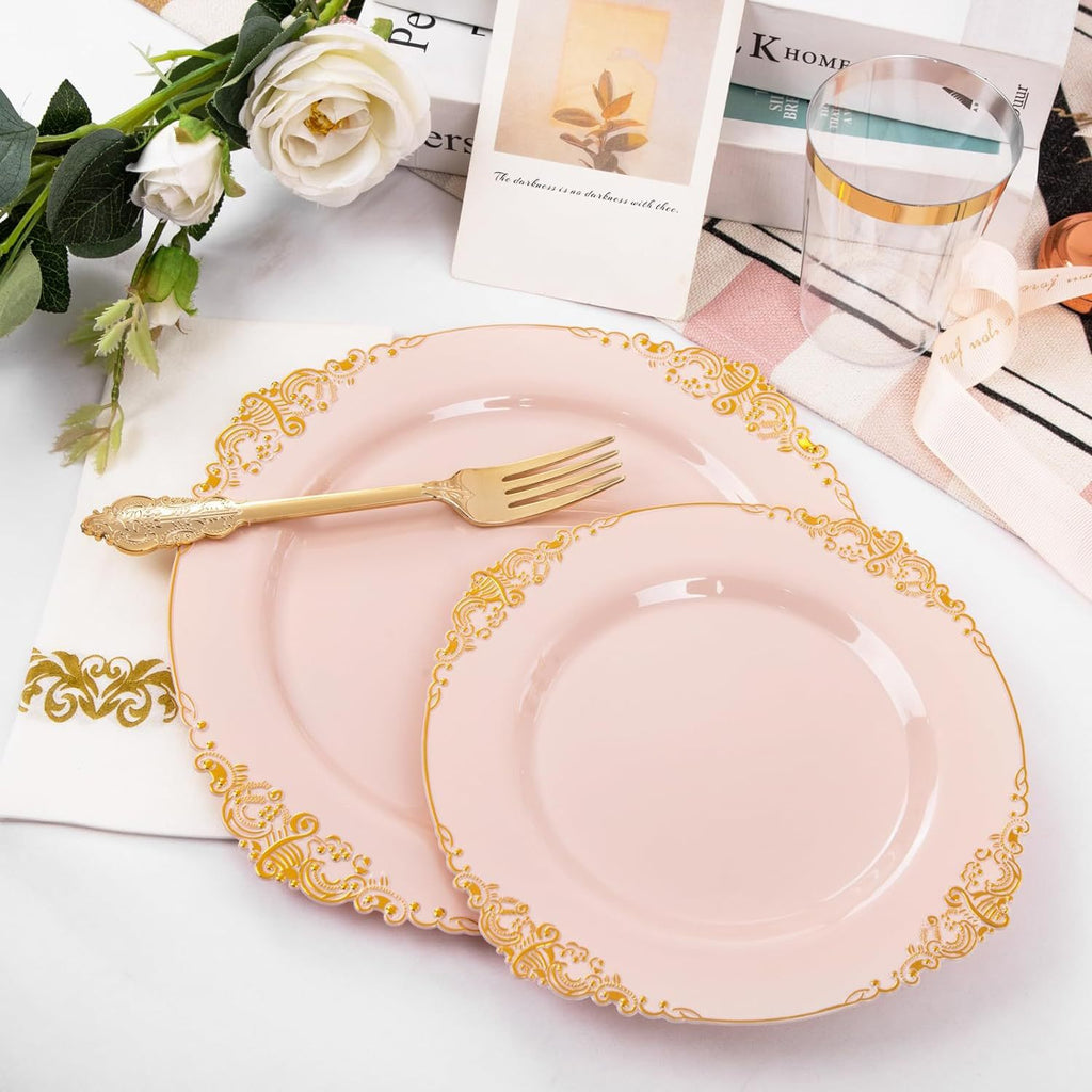 Luxury rose gold disposable placemats, plastic plates, disposable cutlery and napkins, party and wedding cutlery set