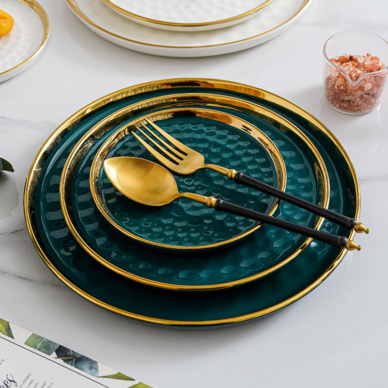 Emerald Green & White Hammered Ceramic Plate Set with Gold Rim – Luxury Textured Dinnerware for Weddings & Home