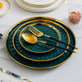 Emerald Green & White Hammered Ceramic Plate Set with Gold Rim – Luxury Textured Dinnerware for Weddings & Home