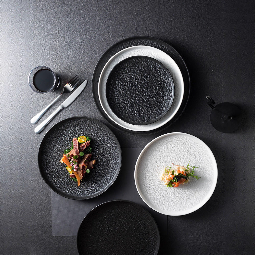 Textured Stone Ceramic Dinner Plates  Black & White Round Wavy Rim Dinnerware for Restaurant & Home