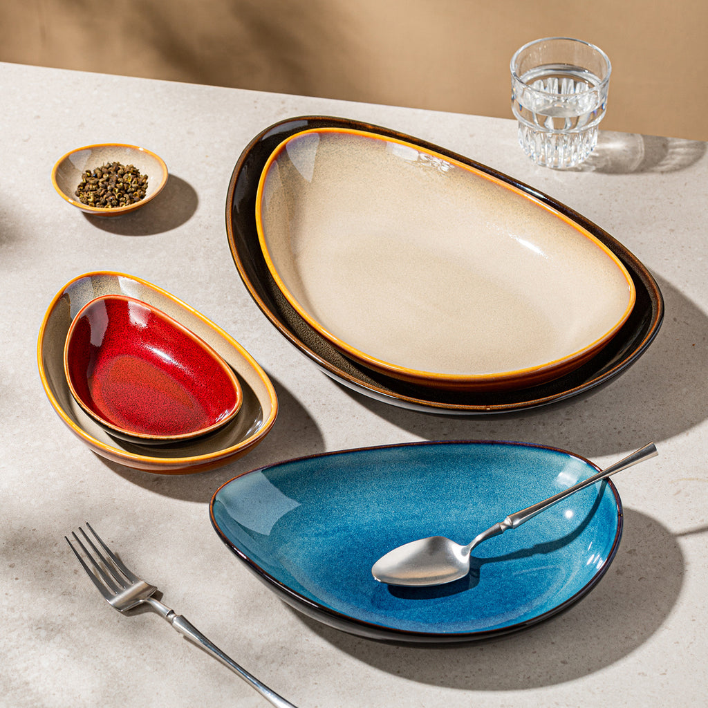 Vintage Gradient Ceramic Oval Plates – Colorful Irregular Dinnerware Set for Home & Restaurant