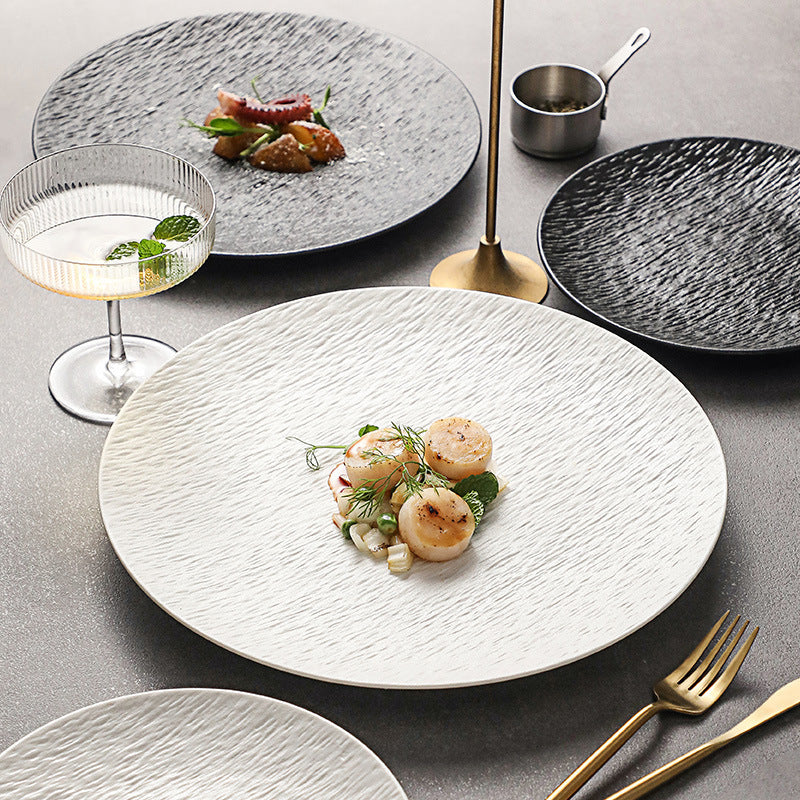 Nordic Round Black Stone Ceramic Shallow Plate – Steak & Restaurant Tableware Setting