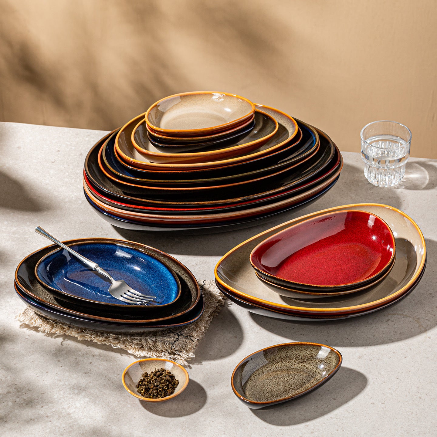 Vintage Gradient Ceramic Oval Plates – Colorful Irregular Dinnerware Set for Home & Restaurant