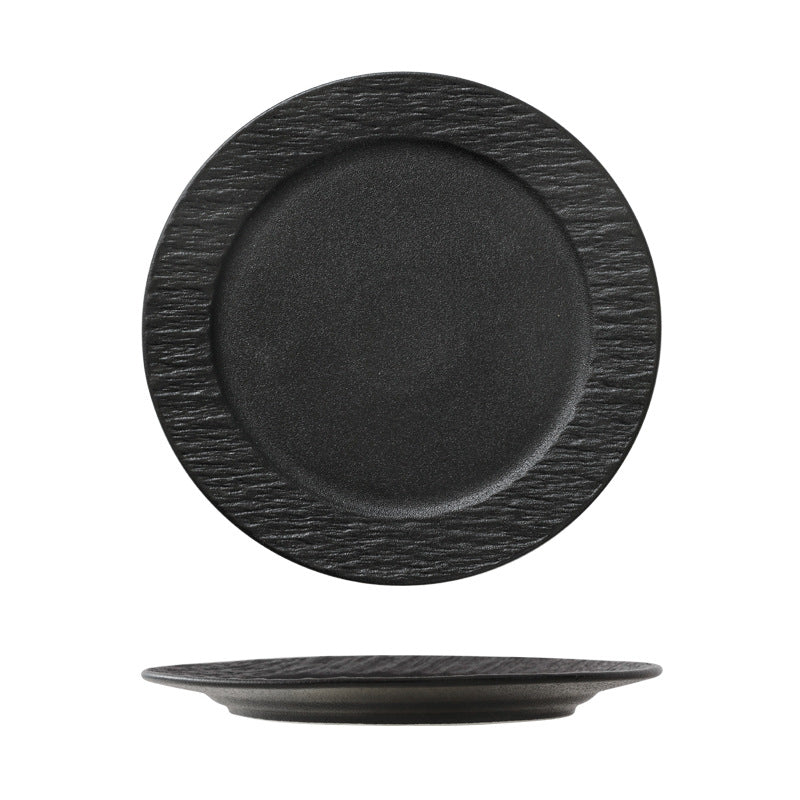 Textured Stone Ceramic Dinner Plates – Black & White Round Wavy Rim Dinnerware for Restaurant & Home