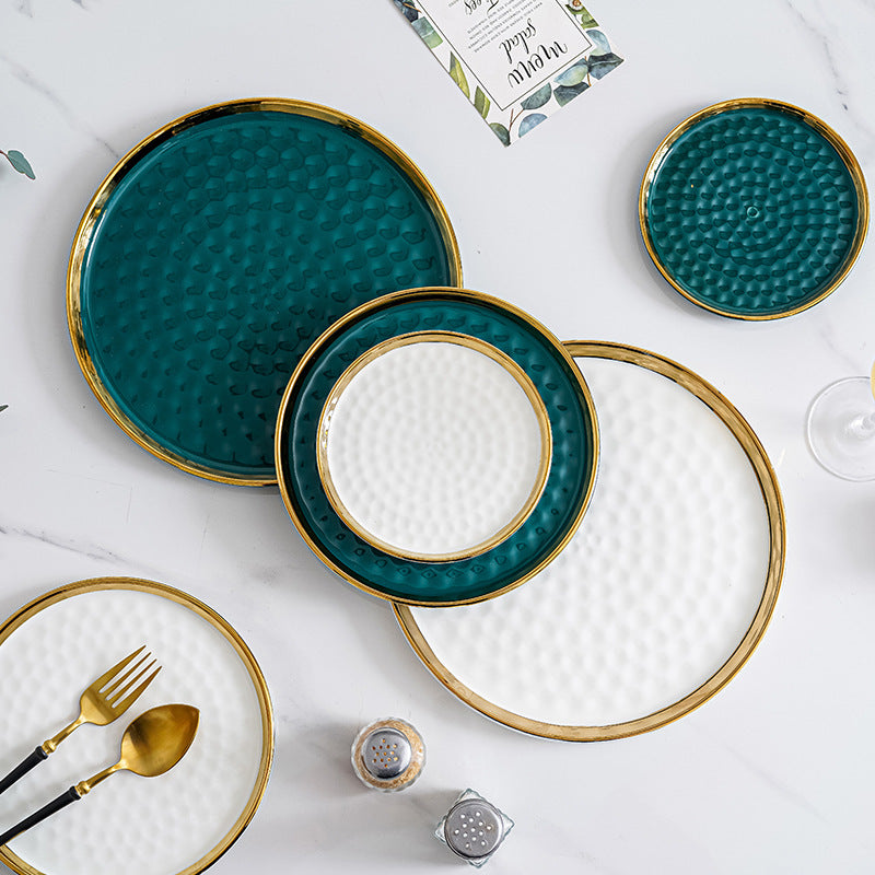 Emerald Green & White Hammered Ceramic Plate Set with Gold Rim – Luxury Textured Dinnerware for Weddings & Home