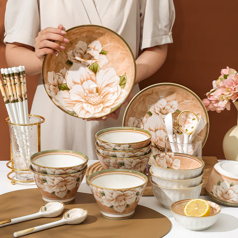 Vintage Floral Ceramic Dinnerware Set  Peach Blossom Pattern Tableware for Home & Gifting
