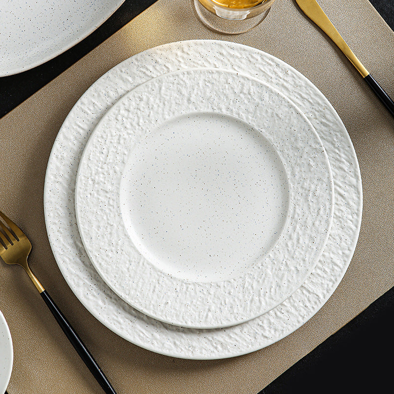 Textured Stone Ceramic Dinner Plates – Black & White Round Wavy Rim Dinnerware for Restaurant & Home
