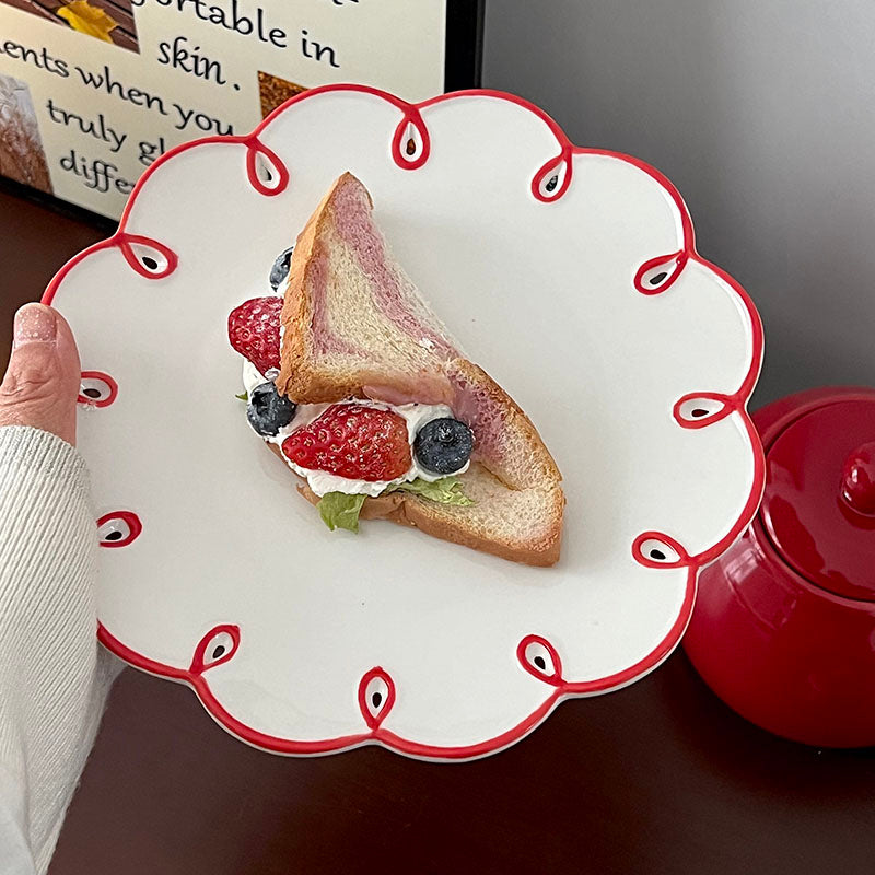 Circular-rimmed floral ceramic plate, cute colorful lined dessert plate, dinner plate, dish, wedding placemat, ceramic dinner plate