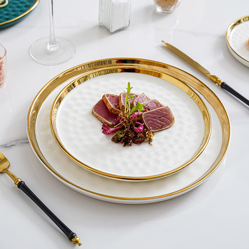 Emerald Green & White Hammered Ceramic Plate Set with Gold Rim – Luxury Textured Dinnerware for Weddings & Home