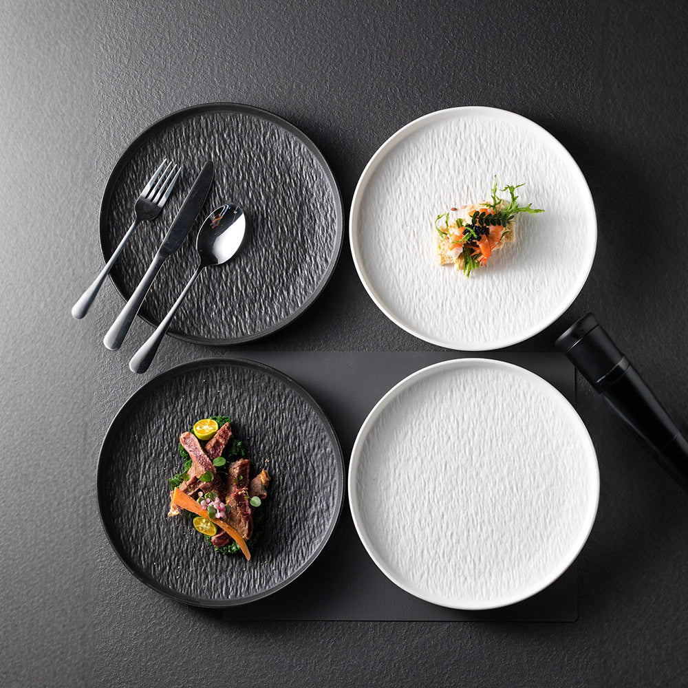 Textured Stone Ceramic Dinner Plates  Black & White Round Wavy Rim Dinnerware for Restaurant & Home
