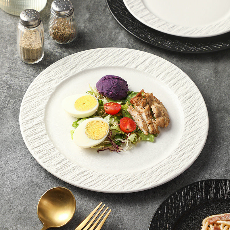Textured Stone Ceramic Dinner Plates – Black & White Round Wavy Rim Dinnerware for Restaurant & Home