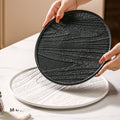 Round textured wavy ceramic dinner plate, black and white round wavy edge cutlery set for pizza/pasta/steak