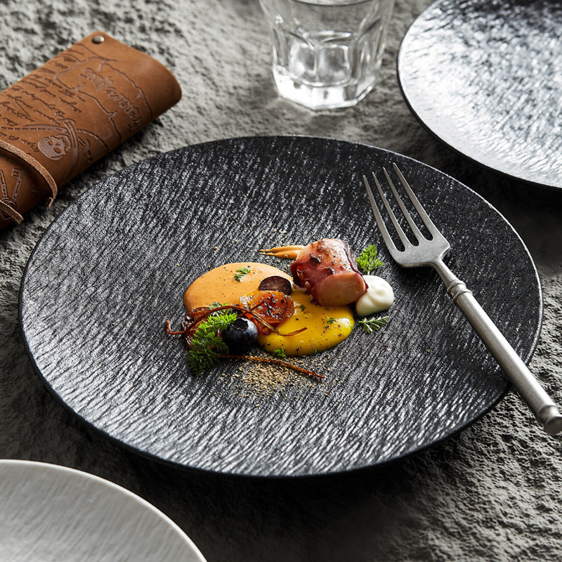 Nordic Round Black Stone Ceramic Shallow Plate – Steak & Restaurant Tableware Setting