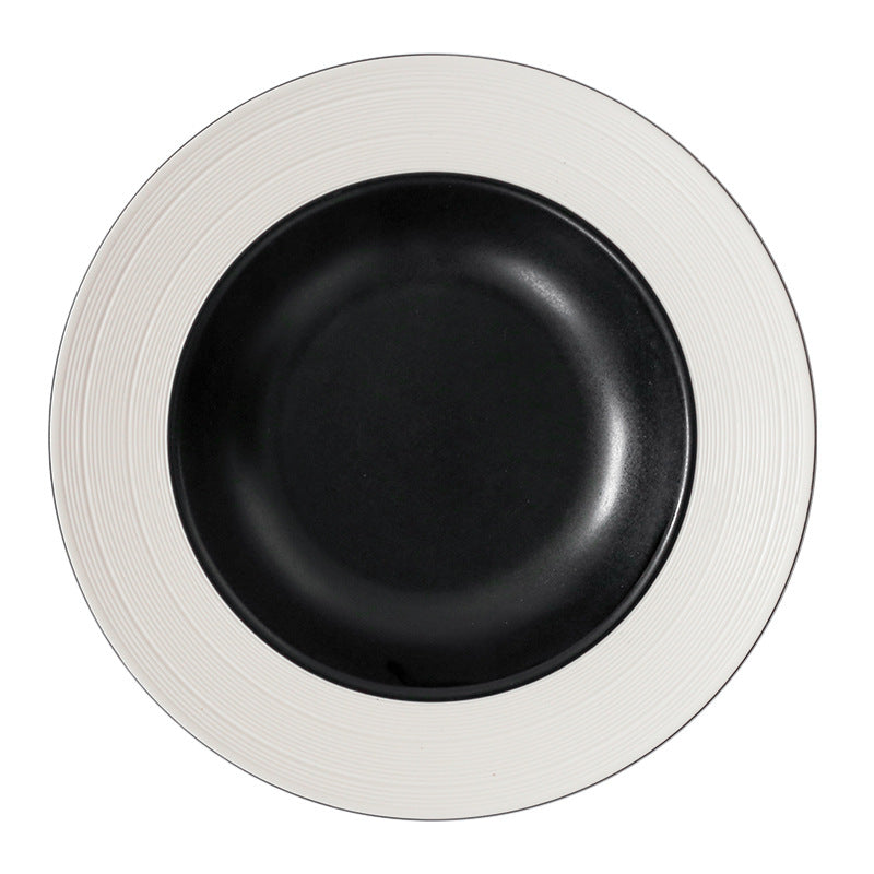 Minimalist Black & White Ceramic Plate Set – Textured Circular Rim Dinnerware for Modern Dining