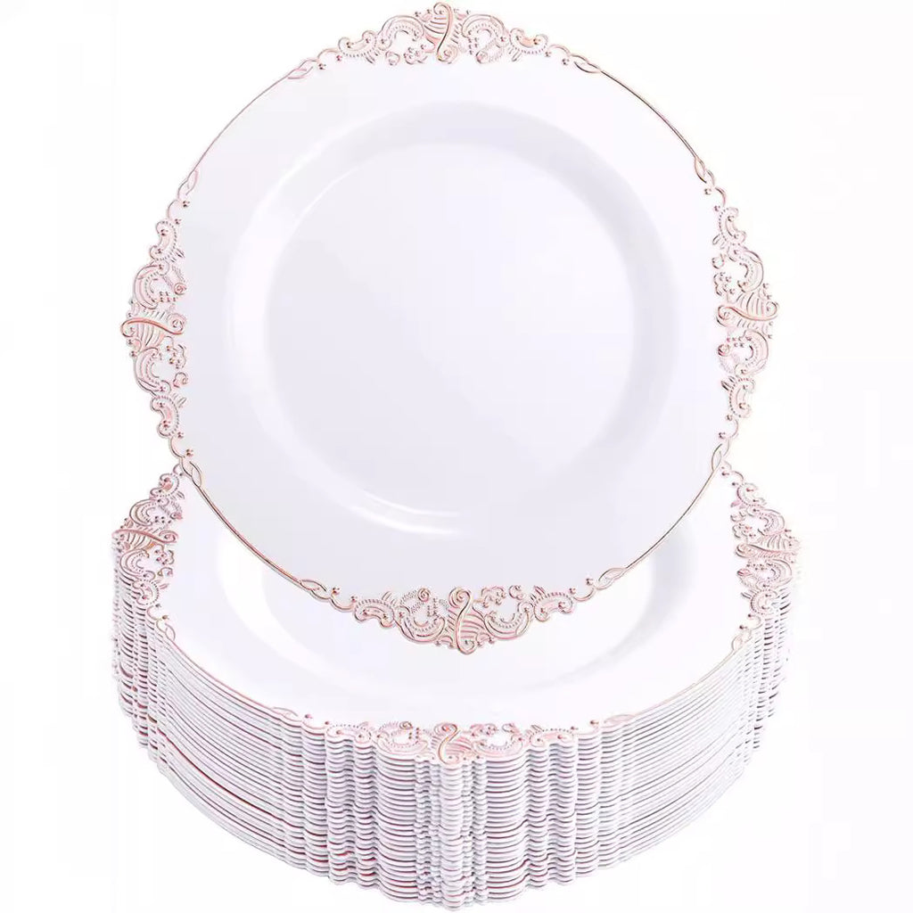 Luxury rose gold disposable placemats, plastic plates, disposable cutlery and napkins, party and wedding cutlery set