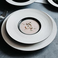 Minimalist Black & White Ceramic Plate Set – Textured Circular Rim Dinnerware for Modern Dining