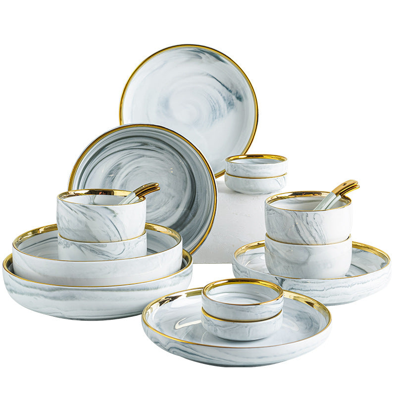 Marble-patterned ceramic tableware set with swirling patterns and gold trim. Luxurious tableware suitable for parties, weddings, and other ceramic/porcelain occasions.