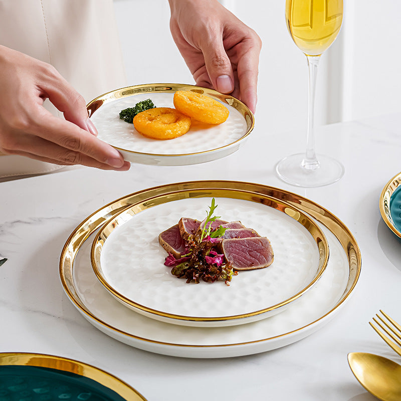 Emerald Green & White Hammered Ceramic Plate Set with Gold Rim – Luxury Textured Dinnerware for Weddings & Home