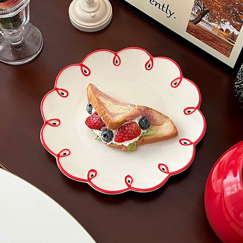 Circular-rimmed floral ceramic plate, cute colorful lined dessert plate, dinner plate, dish, wedding placemat, ceramic dinner plate