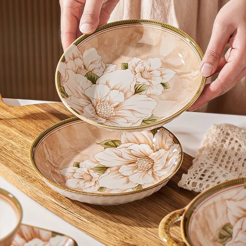 Vintage Floral Ceramic Dinnerware Set  Peach Blossom Pattern Tableware for Home & Gifting