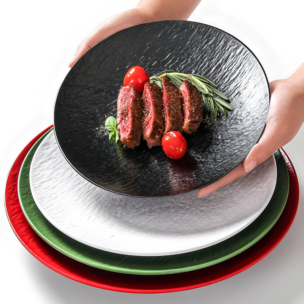 Nordic Round Black Stone Ceramic Shallow Plate – Steak & Restaurant Tableware Setting