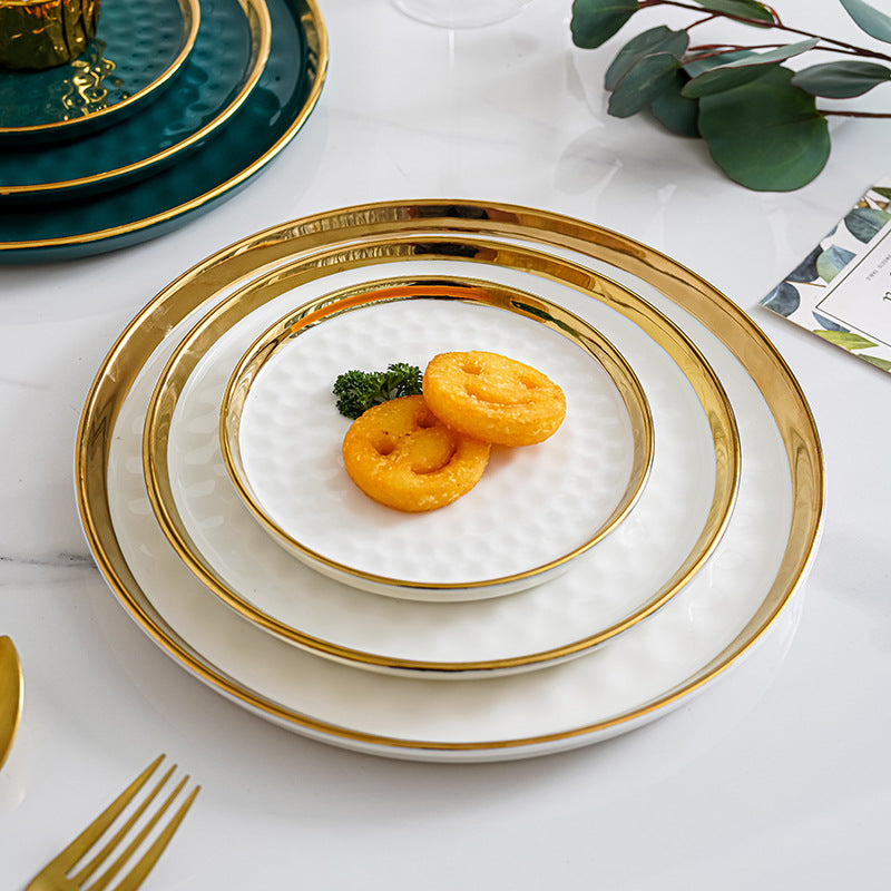 Emerald Green & White Hammered Ceramic Plate Set with Gold Rim – Luxury Textured Dinnerware for Weddings & Home