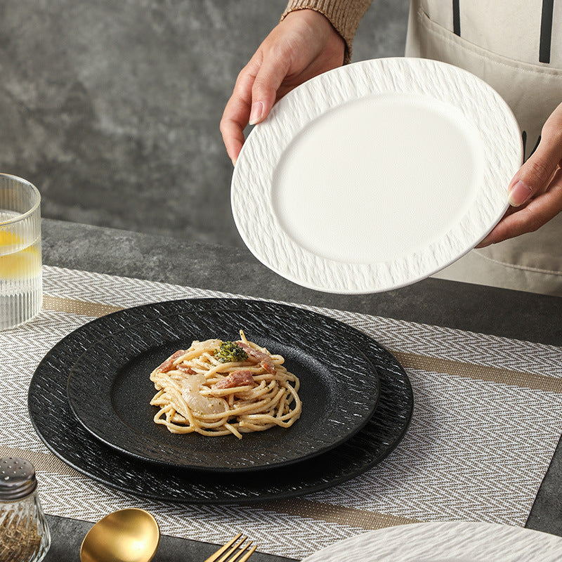 Textured Stone Ceramic Dinner Plates – Black & White Round Wavy Rim Dinnerware for Restaurant & Home