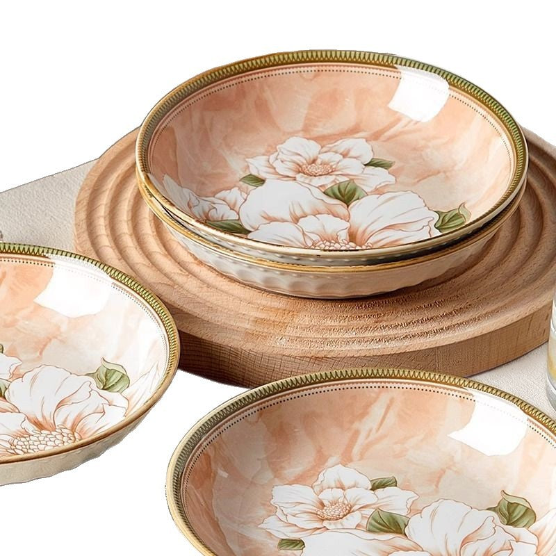 Vintage Floral Ceramic Dinnerware Set  Peach Blossom Pattern Tableware for Home & Gifting